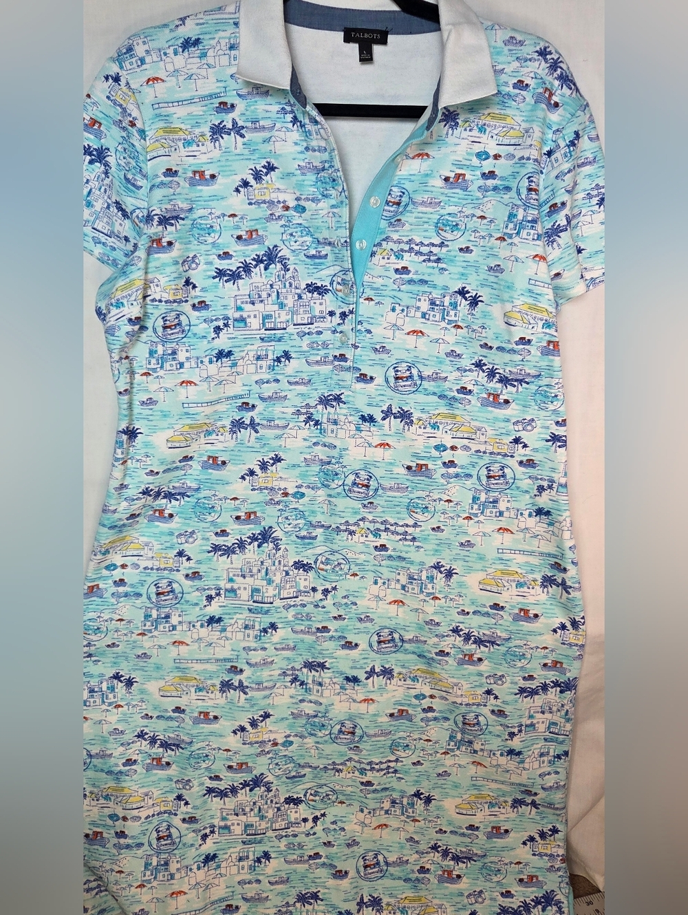 Talbots Beach  Scenic Santorini Pique Polo Shirt Mini Dress Sz L Preppy Summer